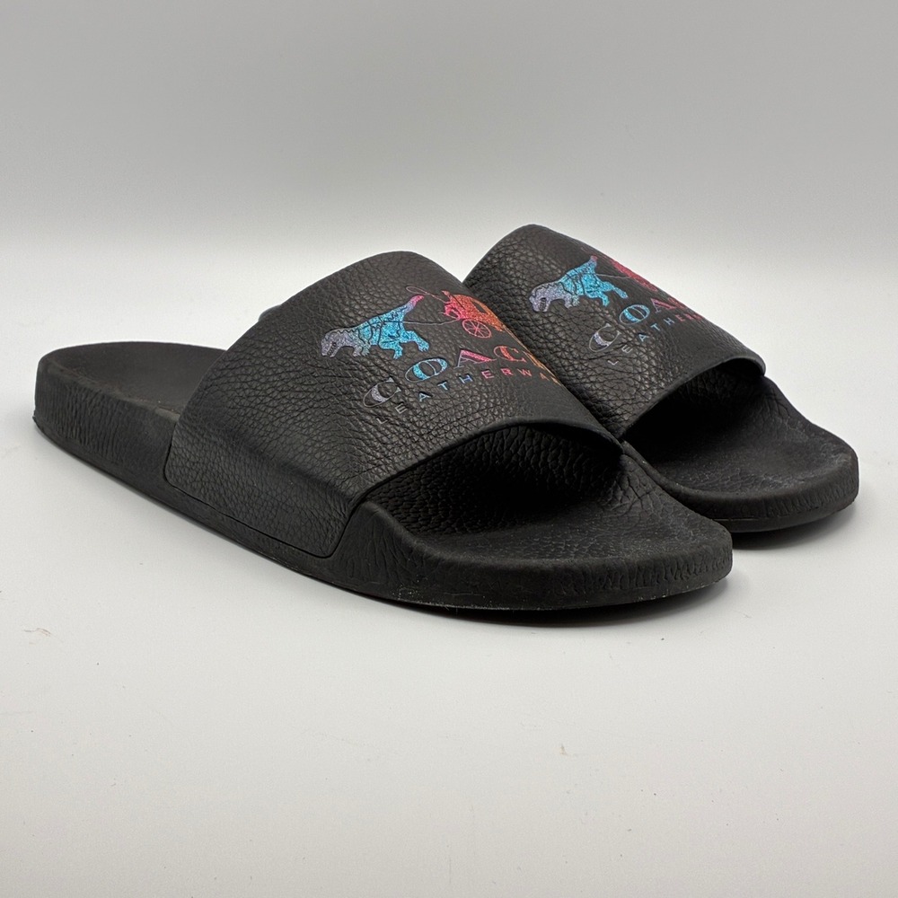 Coach Udele Slide Sandals Womens 8 Black Iridescent Rexy Logo G3997